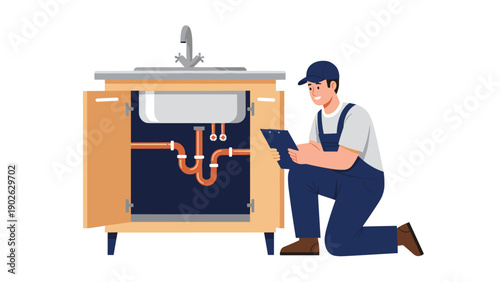 Plumber checking under sink pipes for repairs in modern flat design