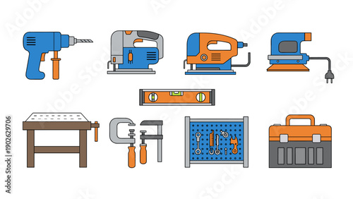 Colorful flat design of workshop tools and equipment set