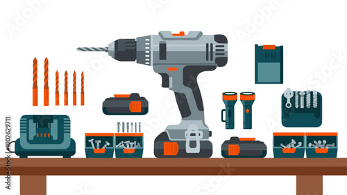 Cordless drill and accessories on workbench for home improvement projects