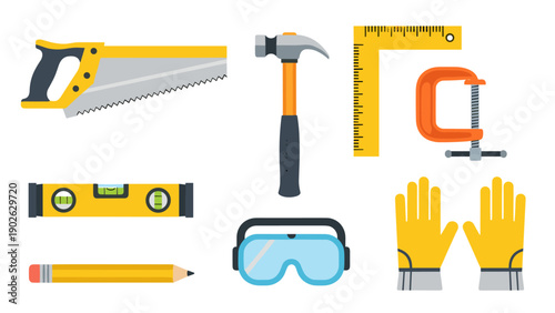 Colorful flat design of essential hand tools for diy and construction projects