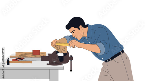 Focused craftsman measuring wood at workbench in workshop scene