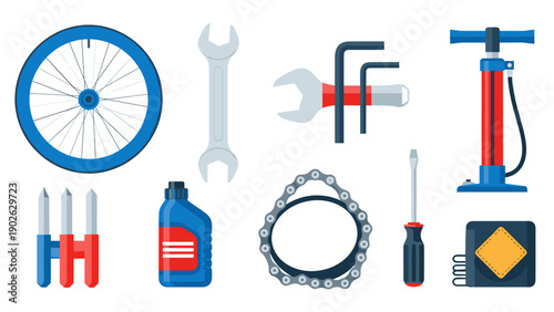 Essential bicycle repair tools set with flat design elements
