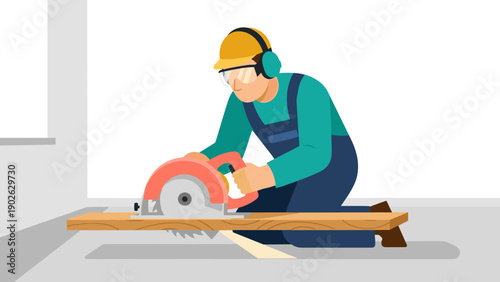 Carpenter working with circular saw for wood cutting in workshop