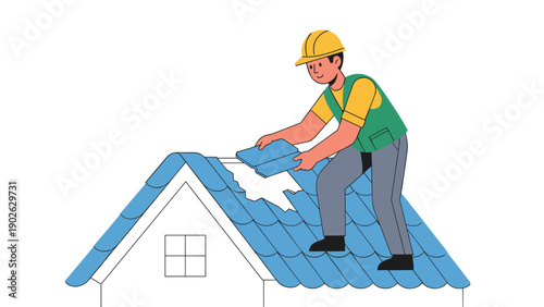 Roofer installing shingles on residential roof with blue tiles