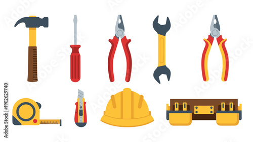 Essential toolkit for construction and repair: hammer, screwdriver, pliers, wrench, and more