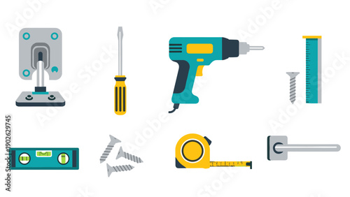 Essential diy tools collection featuring power drill, screwdriver, and level