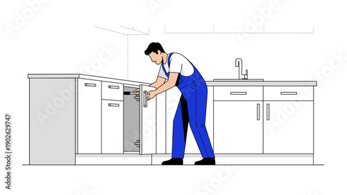 Plumber fixing under sink in modern kitchen