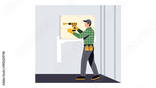 Flat style handyman drilling in workshop with tool belt and cap