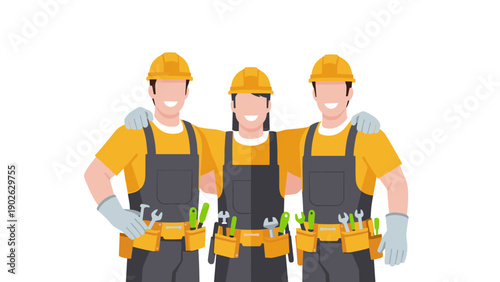 Group of happy construction workers with tools in overalls and helmets