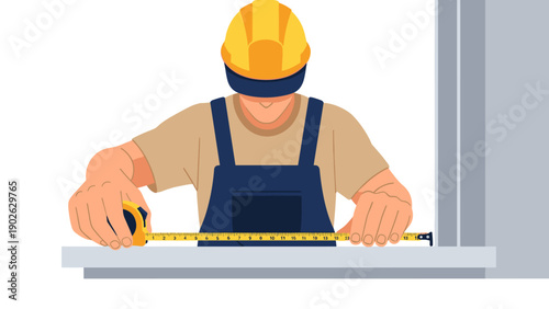 Construction worker measuring with tape on building site