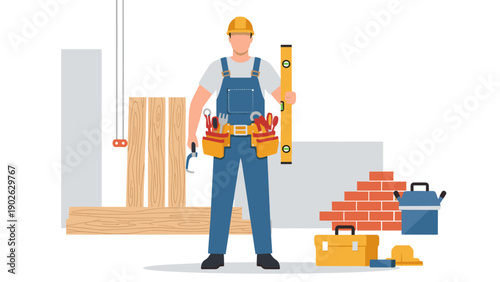 Construction worker with tools at building site in flat design illustration