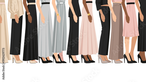Fashionable female attire featuring diverse styles and colors in a flat design
