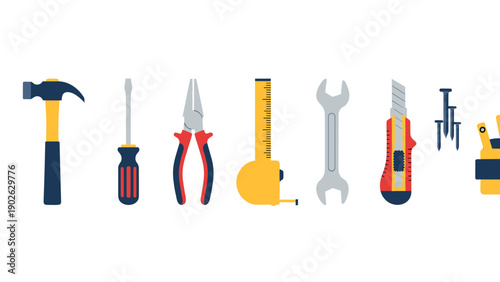 Toolset collection: hammer, screwdriver, pliers, tape measure, wrench, cutter, nails