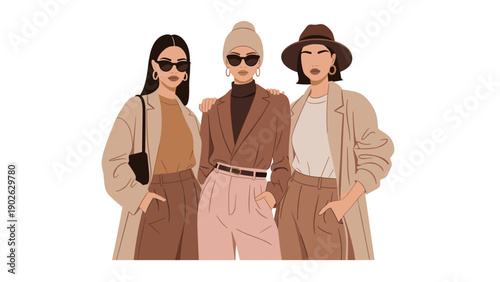 Chic friends in modern fashion: stylish women in trendy outfits and accessories