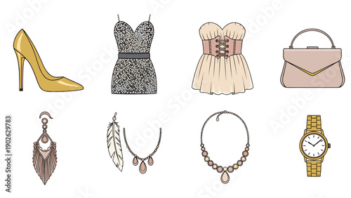Fashion accessories and outfits: chic dresses, jewelry, and handbag collection
