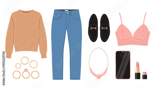 Casual outfit set with accessories in flat style