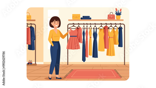 Woman shopping for clothes in elegant boutique with stylish dresses on display