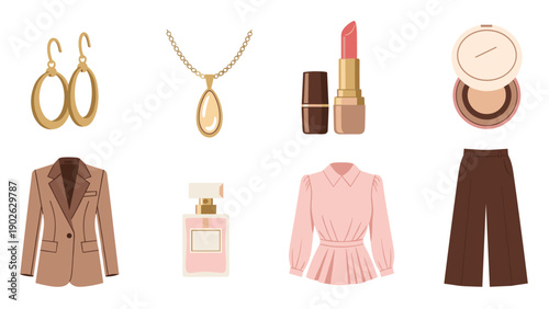 Fashion essentials collection: jewelry, apparel, and makeup on a minimalistic display