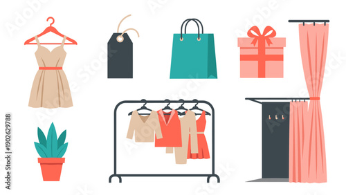 Modern fashion elements with shopping and gift icons in flat style