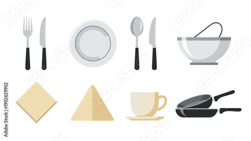 Modern kitchenware set with plates, cutlery, bowls, napkins, mugs, and pans