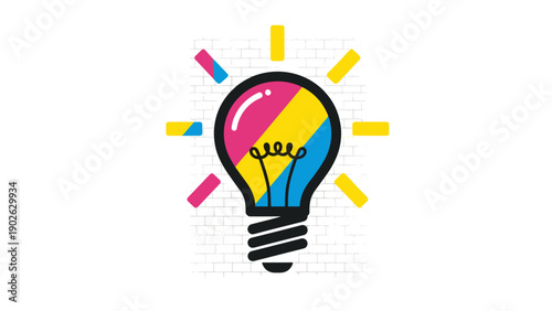 Creative light bulb with colorful stripes and brick wall background