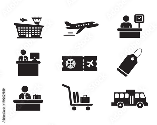 Flat Vector Airport and Travel Services Icon Setisolated on white white background.