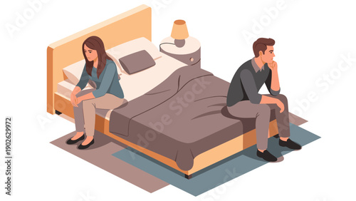 Isometric illustration of a couple in conflict seated oppositely on bed