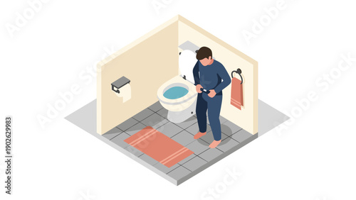 Isometric bathroom scene with person using smartphone in corner setting