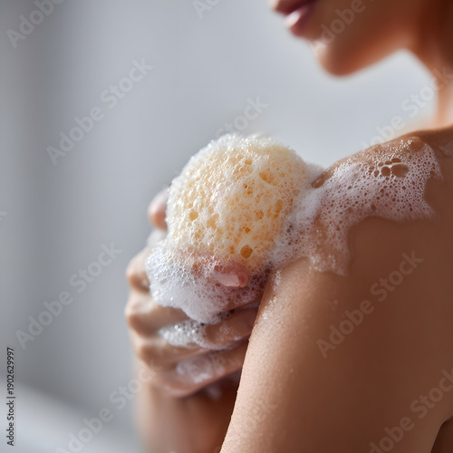 Woman cleansing shoulder with loofah sponge and rich foam body skincare routine gentle exfoliation and daily hygiene close up on neutral background