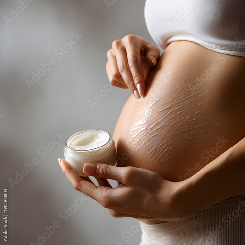 Pregnant woman moisturizing smooth belly with body cream jar gentle skincare routine maternity self care close up on neutral background