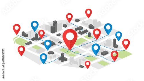 City map with red and blue pins in isometric style