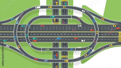 Urban freeway interchange with cars on multiple lanes in modern flat design