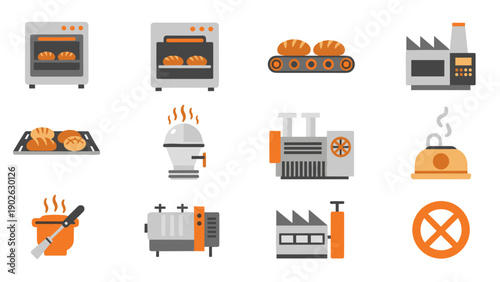 Flat style bakery and baking equipment icons set for commercial kitchens