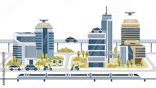 Futuristic smart cityscape with autonomous vehicles and delivery drones