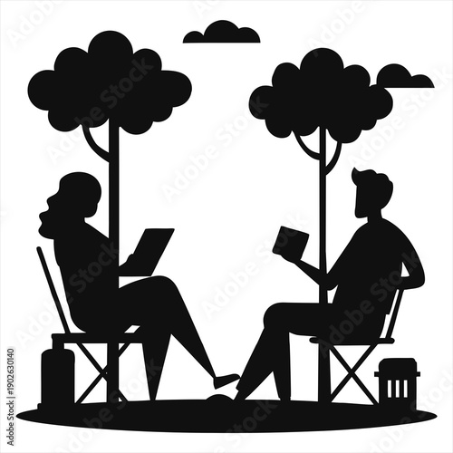 Silhouette vector art illustration of a couple sitting on park chairs