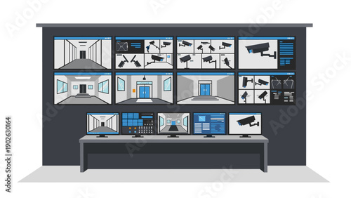 Control room with monitors displaying security camera feeds in flat design