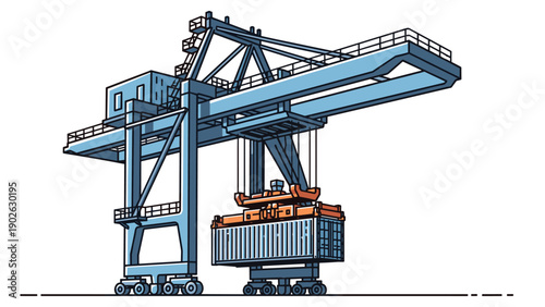Detailed crane unloading container in port: industrial shipping scene in linear style