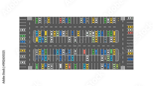 Top view of a colorful parking lot with multiple cars in rows