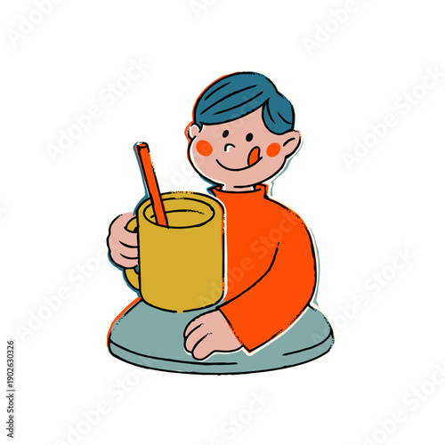 Delighted young boy with bright blue hair enjoys a refreshing drink with a straw, his expression conveying pure satisfaction and youthful joy, perfect for food and beverage marketing.