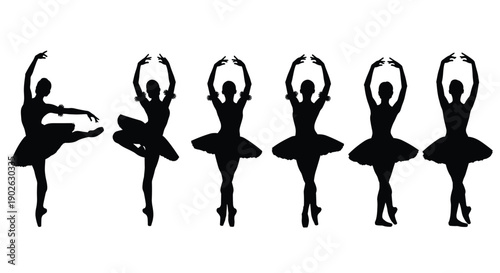 Set of elegant black ballerina silhouettes in various classical dance poses including arabesque and pirouette for theater performance and ballet school graphic design (24 words)