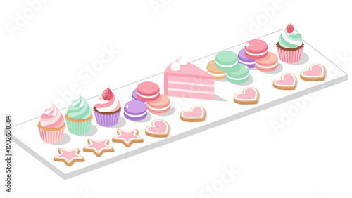 Colorful dessert assortment with cupcakes, macarons, and cookies