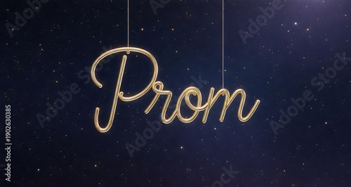 A glittering golden prom script hangs suspended against a dark blue starry background evoking a sense of celebration and anticipation high quality professional detailed modern elegant