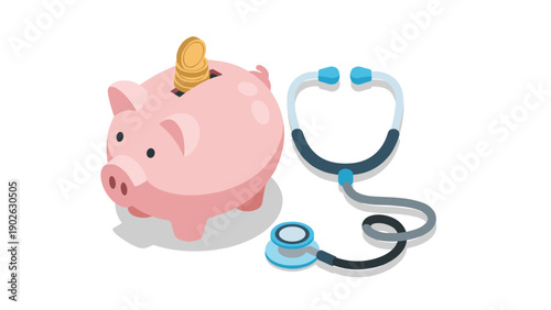 Isometric piggy bank and stethoscope representing health savings and finance