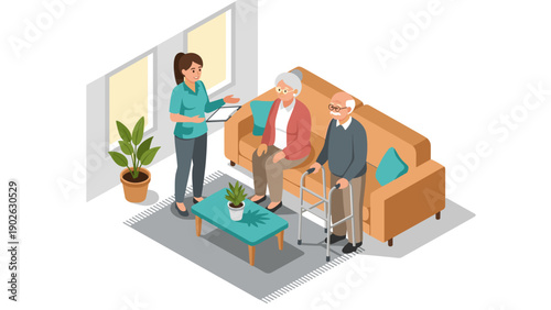 Isometric home care scene with elderly couple and caregiver in living room setting
