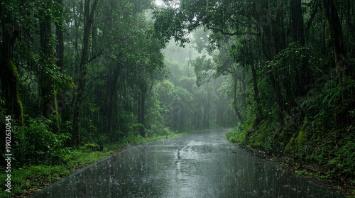 Wet Forest Road in Heavy Rain with Lush Green Trees image photo