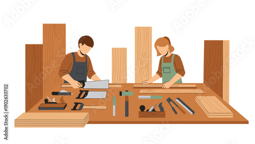 Crafting mastery: woodworkers at workbench with tools in flat design art