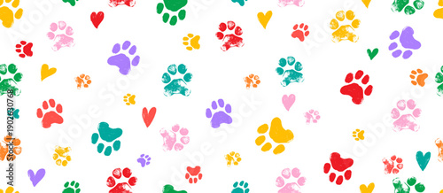 Colorful seamless pattern of footstep cat paws, cat, dog foot, hearts animal. Animal step texture. Bear, panda, tiger grunge stamp repeat foot track wallpaper. Cartoon color paw print seamless pattern