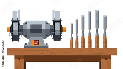 Woodworking tools set with grinding machine on workbench