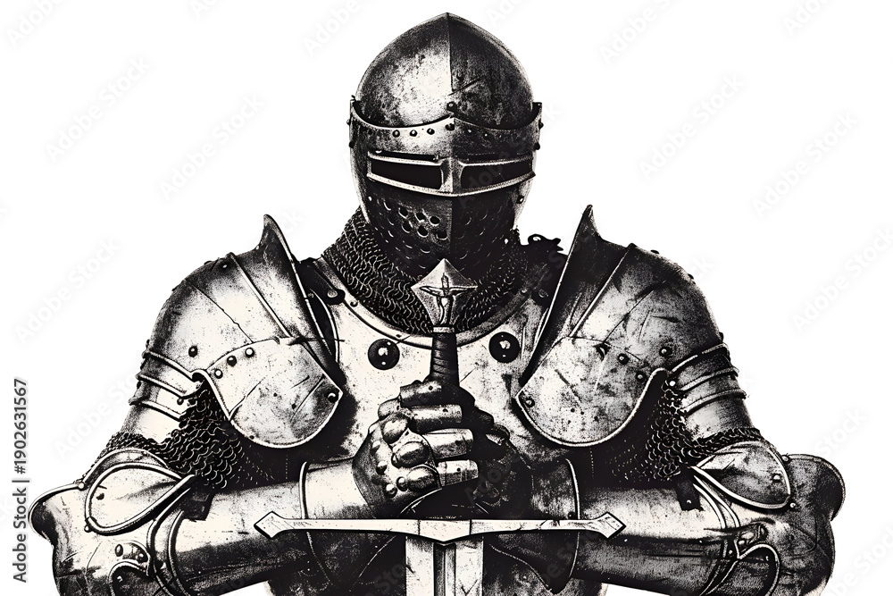 Obraz premium Classic armored knight holding sword with both hands for historical designs