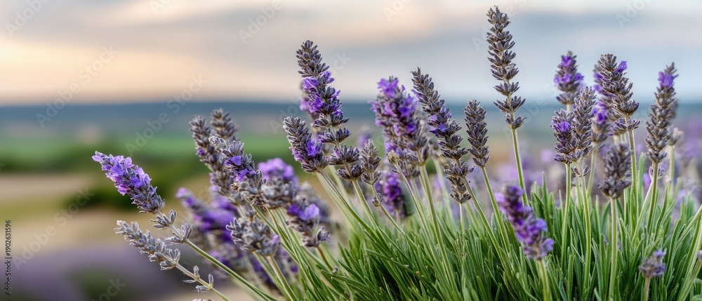 Obraz premium Lavender flowers bloom in the warm sunset light of a summer evening in Provence, France, creating a beautiful scene of nature's colors and textures